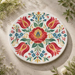 Daily Decorative Charger Plate – Red Blue Folk Tile decorative charger plate on a styled table.