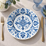 Daily Decorative Charger Plate – Blue White Tile Bloom decorative charger plate on a styled table.