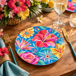 Daily Decorative Charger Plate – Blue Hibiscus Bright decorative charger plate on a styled table.