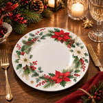 Christmas Decorative Charger Plate – Poinsettia Wreath decorative charger plate on a styled table.