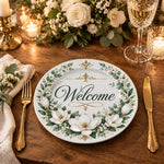 Daily Decorative Charger Plate – Welcome Laurel Wreath decorative charger plate on a styled table.