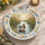 Daily Decorative Charger Plate – Autumn Pond Scene decorative charger plate on a styled table.