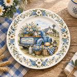 Daily Decorative Charger Plate – Blue Truck Pumpkins decorative charger plate on a styled table.