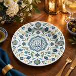 Ramadan Decorative Charger Plate – Blue Floral Script decorative charger plate on a styled table.