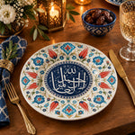 Ramadan Decorative Charger Plate – Blue Medallion Script decorative charger plate on a styled table.