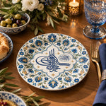 Ramadan Decorative Charger Plate – Blue Gold Script Bloom decorative charger plate on a styled table.