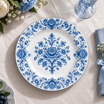 Wedding Decorative Charger Plate – Blue Damask Panel decorative charger plate on a styled table.