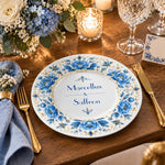 Wedding Decorative Charger Plate – Names Floral Ring decorative charger plate on a styled table.