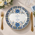 Wedding Decorative Charger Plate – Blue Floral Names decorative charger plate on a styled table.