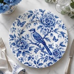 Wedding Decorative Charger Plate – Blue Bird Blossom decorative charger plate on a styled table.