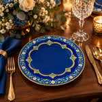 Daily Decorative Charger Plate – Blue Gold Medallion Outline decorative charger plate on a styled table.