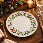 Christmas Decorative Charger Plate – Gold Holly Wreath decorative charger plate on a styled table.