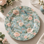 Daily Decorative Charger Plate – Pale Blue Rose Allover decorative charger plate on a styled table.