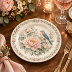 Daily Decorative Charger Plate – Cream Rose Bluebird decorative charger plate on a styled table.