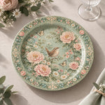 Daily Decorative Charger Plate – Green Rose Pink Bloom decorative charger plate on a styled table.