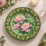 Daily Decorative Charger Plate – Green Peony Gold Border decorative charger plate on a styled table.