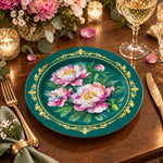 Daily Decorative Charger Plate – Teal Peony Gold Border decorative charger plate on a styled table.