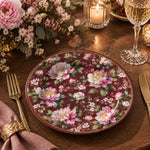 Daily Decorative Charger Plate – Burgundy Rose Allover decorative charger plate on a styled table.
