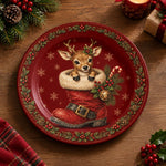 Christmas Decorative Charger Plate – Red Boot Reindeer decorative charger plate on a styled table.
