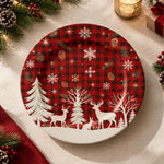 Christmas Decorative Charger Plate – Plaid Snowflake White decorative charger plate on a styled table.
