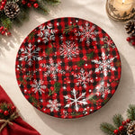 Christmas Decorative Charger Plate – Plaid Snowflake Red decorative charger plate on a styled table.