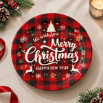 Christmas Decorative Charger Plate – Plaid Greeting Panel decorative charger plate on a styled table.