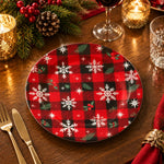 Christmas Decorative Charger Plate – Plaid Snowflake Trio decorative charger plate on a styled table.