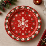 Christmas Decorative Charger Plate – Snowflake Tree Red decorative charger plate on a styled table.