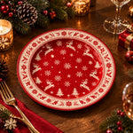 Christmas Decorative Charger Plate – Reindeer Geometric Border decorative charger plate on a styled table.