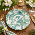 Daily Decorative Charger Plate – Green Leaves White Bloom decorative charger plate on a styled table.
