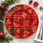 Red Plaid Christmas Charger Plate with Gold Botanical Overlay - effect view 2