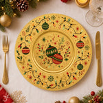 * Elegant Christmas charger plate with a metallic gold base and festive holiday design, top-down view.