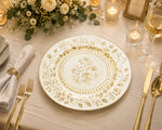 **Elegant Botanical White Charger Plate – Gold Rimmed Greenery Under Plate** (69 characters) - scene view 1