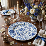 * A beautifully set wedding dining table featuring white beaded charger plates with white linen napkins and gold cutlery.
