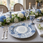 * Classic white beaded charger plate styled with a linen napkin and wine glass on a modern dining table.