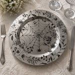 * Gothic silver charger plate featuring a black spider web, a small spider, and delicate vintage floral borders.