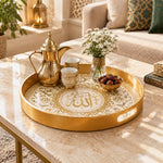 Ramadan Plastic Serving Tray – Gold Script Medallion plastic serving tray shown in a round styled scene.