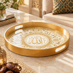 Ramadan Plastic Serving Tray – Gold Script Medallion plastic serving tray shown in a round product view.