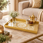 Ramadan Plastic Serving Tray – Gold Script Medallion plastic serving tray shown in a rectangular styled scene.