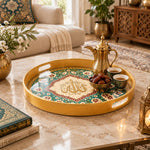 Ramadan Plastic Serving Tray – Teal Script Floral Band plastic serving tray shown in a round styled scene.