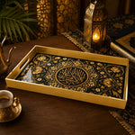 Ramadan Plastic Serving Tray – Black Script Green Floral plastic serving tray shown in a rectangular product view.