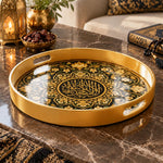 Ramadan Plastic Serving Tray – Black Script Green Floral plastic serving tray shown in a round product view.