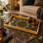 Ramadan Plastic Serving Tray – Black Script Green Floral plastic serving tray shown in a rectangular styled scene.