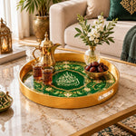 Ramadan Plastic Serving Tray – Green and Black Script plastic serving tray shown in a round styled scene.
