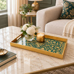 Ramadan Plastic Serving Tray – Green Gold Medallion plastic serving tray shown in a rectangular styled scene.