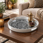 Ramadan Plastic Serving Tray – Teal Geometric Script plastic serving tray shown in a round styled scene.