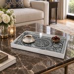 Ramadan Plastic Serving Tray – Teal Geometric Script plastic serving tray shown in a rectangular styled scene.