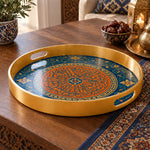 Ramadan Plastic Serving Tray – Blue Orange Medallion plastic serving tray shown in a round product view.