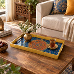 Ramadan Plastic Serving Tray – Blue Orange Medallion plastic serving tray shown in a rectangular styled scene.