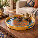 Ramadan Plastic Serving Tray – Blue Orange Medallion plastic serving tray shown in a round styled scene.